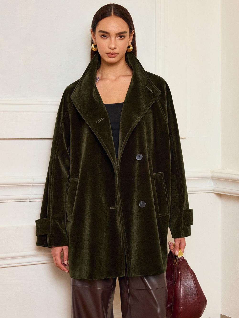 Commense Oversized Velvet Coat Army Green XS Relaxed Fit Pocketed Jacket NWT